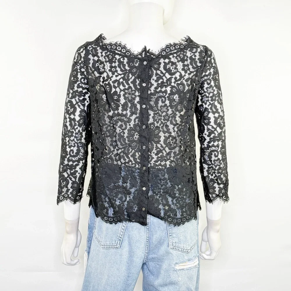 Joie Black Lace Sheer Blouse Top Size S Cocktail Party Whimsigoth Scalloped Hem - Picture 5 of 8